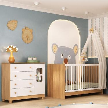Imagem de Berço 3 Em 1 Para Colchão 130x60cm Com Cômoda 1 Porta 4 Gavetas Sol Multimóveis MP4740 Madeirado-branco