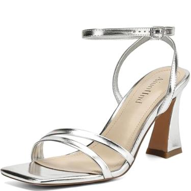 Imagem de AIUNIIND Sandálias femininas de salto alto, quadradas, abertas, com tira no tornozelo, salto social de 7,6 cm, confortável, Prata, 38 BR