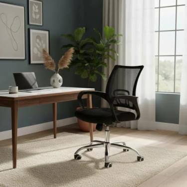 Imagem de Cadeira de Escritório Ergonômica Giratória Encosto Arco Confortável em Malha Respirável, Preta, Base Cromada, 5 Rodinhas, Home Office com Altura Ajustável