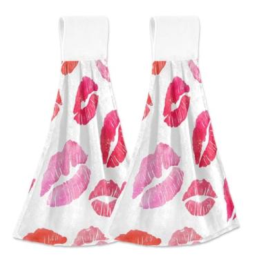 Imagem de Toalhas de mão personalizadas de batom vermelho rosa beijo branco outono com laço pendurado conjunto de 2 toalhas macias absorventes para cozinha, banheiro, 46 x 35 centímetros