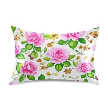 Imagem de Aquarela rosas folhas verdes fronhas de cetim impressão refrescante almofada macia capa deslizante personalizada padrão Queen King fronhas tamanho padrão 66 cm x 50 cm