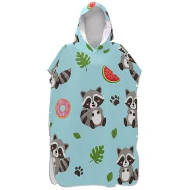 Imagem de Joisal Poncho de surfe trocador de roupão para adultos toalha de banho com capuz leve ponchos adultos para mulheres bonito desenho animado guaxinim azul