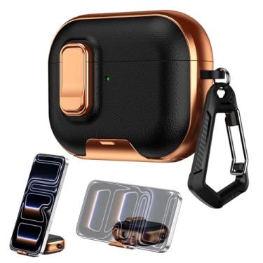 Imagem de Capa compatível com AirPods Pro 3 2025, capa para AirPods Pro 3ª geração com suporte de telefone embutido, capa protetora de dois tons, textura de couro à prova de choque, fecho de bloqueio seguro