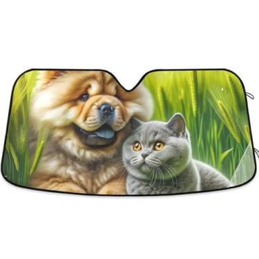 Imagem de Guarda-sol personalizado fofo Chow Chow cão gato para para-brisas de carro persianas dobráveis para janelas dianteiras floral automotivo M, 139,7 cm x 70,1 cm