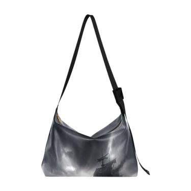 Imagem de Bolsa transversal de couro sintético com borboleta rosa choque em flor, bolsa de ombro leve feminina, bolsa transversal grande, Navio pirata Stormy Seas Sailing-2, One Size