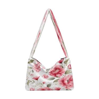 Imagem de Bolsa de ombro feminina floral laranja e amarela em bege, bolsas de ombro com zíper, bolsas de outono, Flores rosa em branco-3, One Size