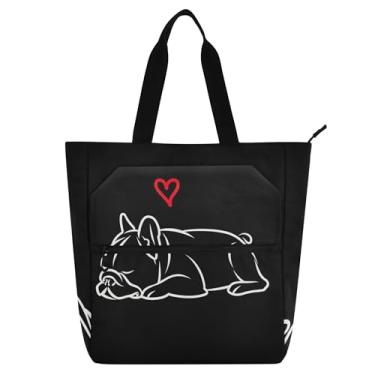 Imagem de GAIGEO Bolsa feminina de trabalho preta com zíper de lona Bulldog Art Bolsa de praia para professores com compartimentos