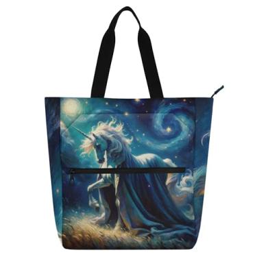 Imagem de GAIGEO Bolsa feminina de trabalho de lona para escola de praia com cavalo unicórnio para professores e amantes de livros