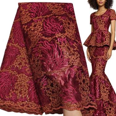 Imagem de Bestway Renda Fashion Lantejoulas Bordado com Strass Tule Francês Tecido de Renda Africana 5 metros Festa de Casamento Nigeriana Asoebi Material de Costura (Vinho Vermelho)