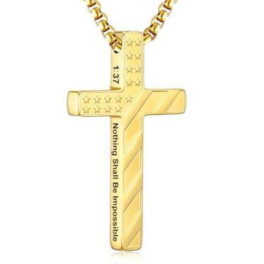 Imagem de RWQIAN Colar de cruz com bandeira americana para homens, pingente de cruz de versículo da Bíblia de aço inoxidável, corrente masculina, colar de crucifixo para cristãos, adolescentes, batismo, ideias