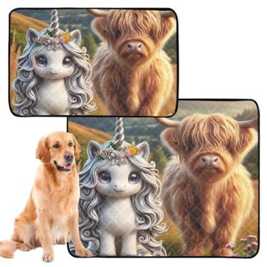 Imagem de Almofadas de urina fofas de unicórnio Highland para gado, lavável, reutilizável, tapete impermeável para cães absorventes de cães, almofada de penico, médio + grande, conjunto de 2
