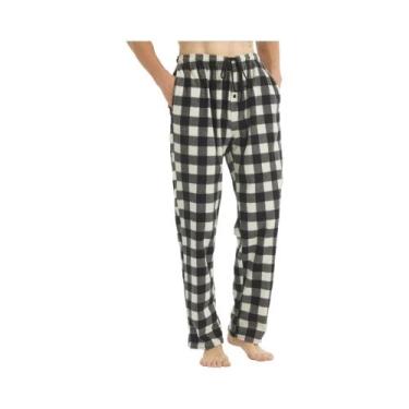 Imagem de Calças De Pijama Masculinas Em Flanela Com Estampa Xadrez E Bolsos, Co