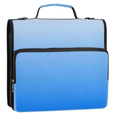 Imagem de Fichários personalizados de 3 cm para serviço pesado, elegante, azul, gradiente, com zíper, vários bolsos, pasta de portfólio grande, bolsa escolar com alça de ombro