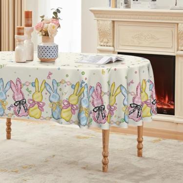 Imagem de Horaldaily Toalha de mesa de Páscoa 152 × 213 cm, oval, colorido, xadrez, coelhos, ovos de Páscoa, laço, toalha de mesa lavável para decoração de festa e piquenique e jantar
