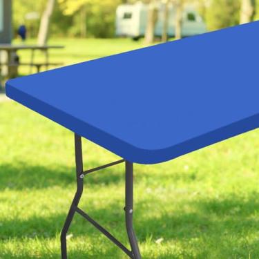 Imagem de Veblandy Toalha de mesa retangular, toalha de mesa elástica de poliéster impermeável, capa de mesa elástica lavável para piquenique, acampamento, festa, casamento, ar livre, interior (76 x 246 cm