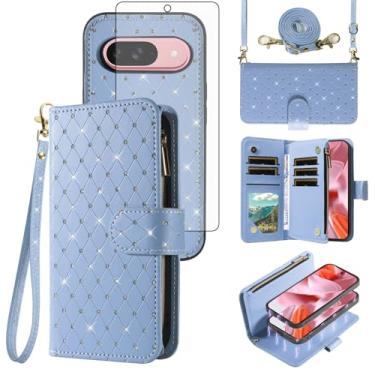 Imagem de Compatível com Google Pixel 9/9 Pro 5G Capa carteira com zíper celular protetor de tela de vidro temperado alça transversal flip flip porta-cartões capa de telefone para Pixel9 9Pro Nove mulheres