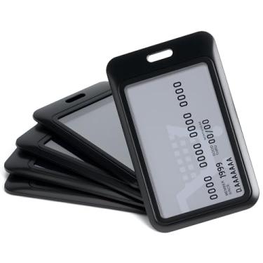 Imagem de SEAVILIA Pacote com 5 porta-crachás deslizante, preto, plástico rígido, porta-cartões de identificação, bolsa protetora vertical com janela transparente, ideal para documentos de escritório/escola