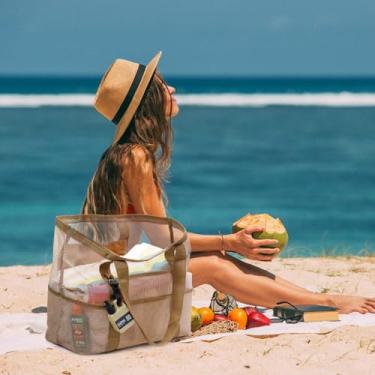 Imagem de Bolsa de praia de malha, bolsa de praia grande com bolso com zíper para a família, bolsa de piscina para férias essenciais