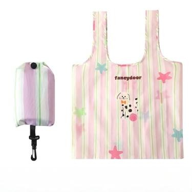 Imagem de Bolsa de compras reutilizável dobrável, sacola de grande capacidade com bolsa prática, bolsa de ombro leve e portátil (rosa branca)