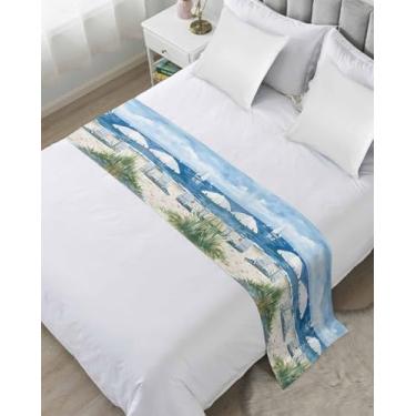 Imagem de Corredor de cama azul ondulado náutico para Cal. Tamanho king, protetor de colcha de planta de praia costeira oceânica capa de cama para corredores de pés e cachecóis para quarto, hotel, quarto de