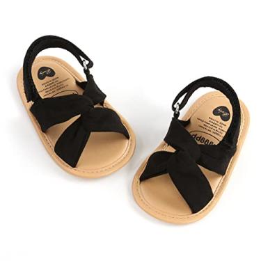 Imagem de Sandálias de verão para bebês e meninas com laço de flor sola macia recém-nascido First Walker Berço vestido sapatos, 03 Preto, 0-6 Months Infant
