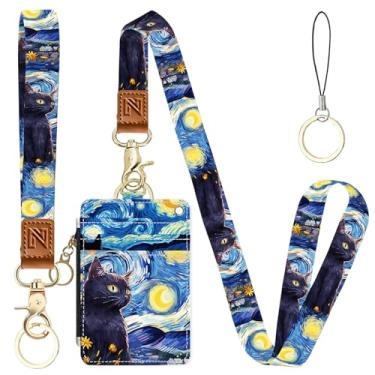 Imagem de Porta-crachá de identificação e carteira de cordão 2 em 1 de gato céu estrelado para professores, enfermeiras, profissionais - linda bolsa de moedas com zíper, alça de pulso removível e cordão de