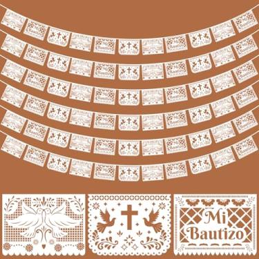 Imagem de Frienda 6 peças Mi Bautizo Decoração de festa Mi Bautizo Banner 33 m Papel Branco Picado Primeira Comunhão Batismo Kit de Decoração de Festa Suspenso Suprimentos de Batizado Religioso Adereços de Foto