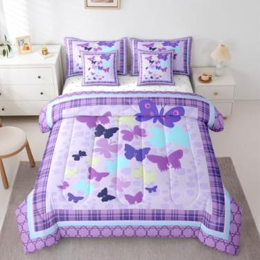 Imagem de Erosebridal Conjunto de edredom feminino de desenho animado de borboletas roxas, tamanho Queen, 7 peças, cama de princesa xadrez búfalo em uma bolsa, sonhador de bolinhas, conjunto de cama feminino