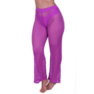 Imagem de Calça Saída De Praia Cintura Alta Verão Moda Feminina Atena, P, Roxo