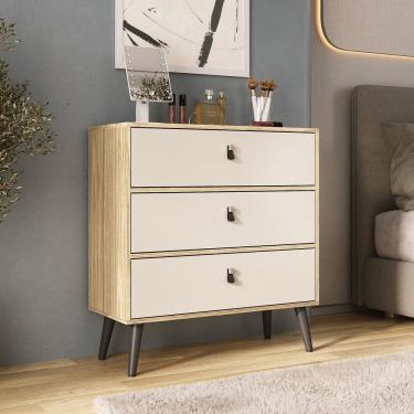 Imagem de Cômoda com 3 Gavetas para Quarto Pés Palito Amendoa / off white