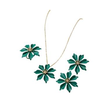 Imagem de Um conjunto de joias femininas, brincos de flores 3D coloridas, conjunto de colar e anel, adequado para uso diário e férias, verde