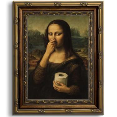 Imagem de Tela de banheiro emoldurada engraçada arte de parede vintage Mona Lisa paródia segurando papel higiênico decoração de parede humorístico nariz beliscar pintura clássica impressão para banheiro