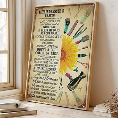 Imagem de 1 peça de arte de parede de barbearia - Placa de metal de oração de cabeleireiro com ferramentas de cabeleireiro e design de girassol. (Observação: sem moldura), 30 x 45 cm