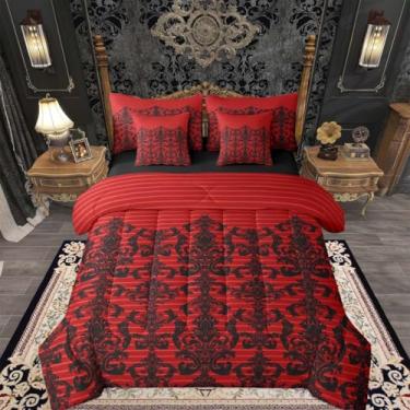Imagem de Feelyou Conjunto de edredom gótico damasco com 7 peças, tamanho casal, gótico, vermelho, preto, floral, damasco, para crianças, meninos, meninas, estilo vitoriano, barroco, antigo, respirável, macio