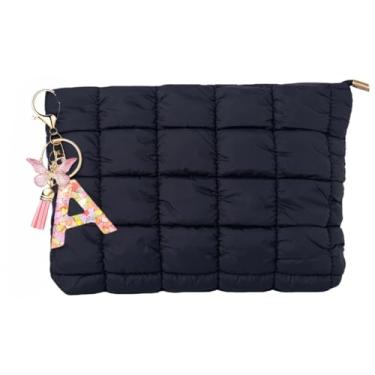 Imagem de CECKQUE Bolsa de maquiagem acolchoada preta para mulheres com pingente colorido de letras - bolsa de cosméticos espaçosa e inchada de 25,4 cm, bolsa organizadora de higiene pessoal de viagem (BK-Le-A1