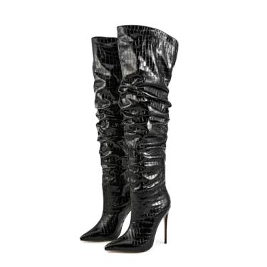 Imagem de OAOKUSI Bota feminina na altura da coxa – Bota feminina de bico fino, salto stiletto, pele de cobra, couro acima do joelho, Preto, 37