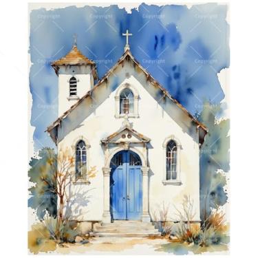 Imagem de Kit de pintura de igreja por números para adultos - Capela branca DIY com porta azul e pintura de torre de sino em tela, conjunto de tinta acrílica, arte para decoração de casa ou presentes (moldura