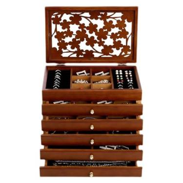 Imagem de Elegante caixa organizadora de armazenamento de joias de madeira de 6 camadas - 5 gavetas para brincos, anéis, colares e pulseiras - estojo de exibição elegante para acessórios femininos