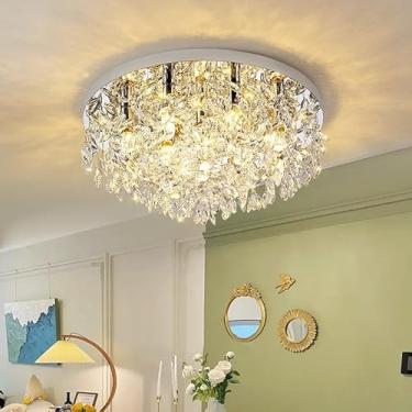 Imagem de Luminária de teto LED com cristais, estilo lustre moderno cromado, com cúpula, ideal para sala de estar, corredor, sala de jantar, cozinha e escritório (65 cm).