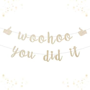 Imagem de Banner pré-amarrado Woohoo You Did It - Placa de felicitações com glitter para decorações de formatura 2026, promoção de trabalho, suprimentos para festa de aposentadoria, sem estamparia grande para