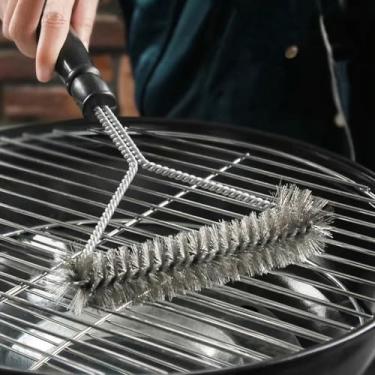Imagem de 1 escova para grelha de arame de aço inoxidável, escova de cachos de cabo longo de 30 cm para itens essenciais de limpeza de churrasqueira antiaderente