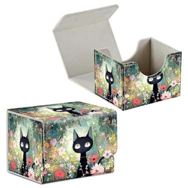 Imagem de BFDHGQZC Caixa de baralho para cartas colecionáveis Commander Deck Caixa de armazenamento de cartões com ímã forte Magic Premium Gathering Deck Box Cover para TCG CCG Magic Cards, gato preto entre
