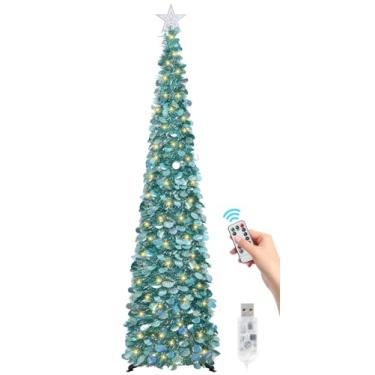 Imagem de SINTENILL Árvore de Natal pop-up de 1,8 m com 100 luzes LED temporizador e controle remoto, árvore de tinsel de Natal dobrável verde, lápis artificial, decoração de Natal para festas em casa