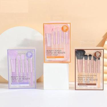 Imagem de Kit de 5 Pincéis de Maquiagem Profissionais para Rosto, Lilás, com Necessaire de Armazenamento, Proteção Contra Poeira