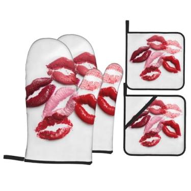 Imagem de Conjunto de luvas de forno impressas para batom, conjunto de 4 peças adequado para grelhar, cozinhar e assar