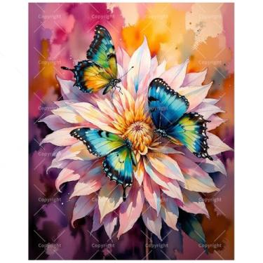 Imagem de Kit de pintura de flor de borboleta por números para adultos - DIY três borboletas descansando em flores rosa pintura em tela 40,6 x 50, conjunto de tinta acrílica, adequado para iniciantes, arte para