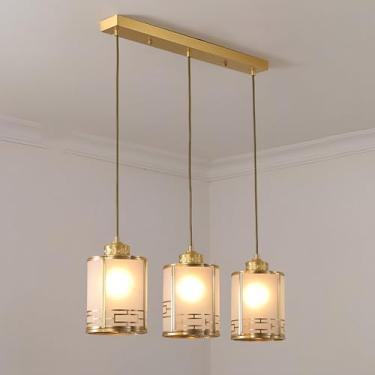 Imagem de Lustre de cobre E27 com cúpula de vidro branco, estilo chinês, com três pendentes para sala de jantar, quarto, escritório, cozinha e ilha.