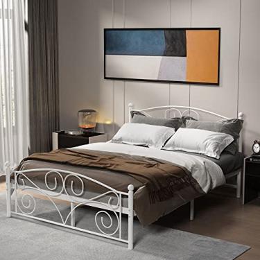Imagem de Cama plataforma de tamanho casal com moldura de metal com cabeceira e pé, sistema exclusivo de flores resistente e grande espaço embaixo da cama, sem necessidade de mola box, 198 cm C x 143 cm L x 98
