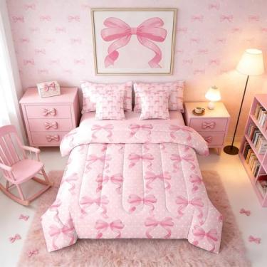 Imagem de Erosebridal Conjunto completo de edredom kawaii com laço de bolinhas rosa para meninas, 7 peças, com laço de princesa em uma bolsa para quarto, fita de coquete fofo, conjunto de cama com edredom, fita