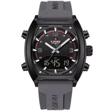 Imagem de Relógio Digital Masculino Pulseira De Silicone Quartzo Tonneau Duplo Display Esportivo Cinza